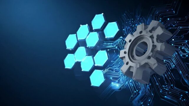 Smart Machine:  A 3D rendering of a gear mechanism interconnected with a network of glowing hexagons, symbolizing advanced technology and seamless integration.