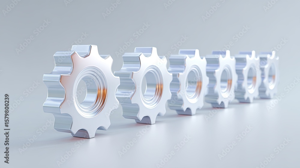 Poster Silver Gear Icons in a Row on Soft Gray Background with Reflective Surface for Industrial and Engineering Concepts
