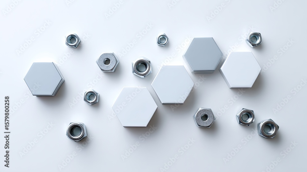 Poster abstract arrangement of hexagonal shapes and metallic nuts on a minimalist background