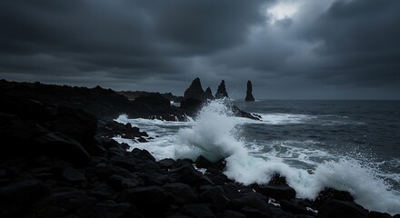 Jagged sea stacks emerge from churning waves against a stormy sky