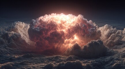 A fiery explosion within a dense cloud formation, glowing intensely against a dark sky, creating a dramatic and powerful scene