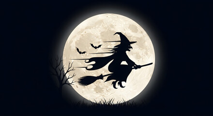 A timeless Halloween visual showing a witch's shadow flying past a glowing full moon. This silhouette concept captures classic spooky vibes and works perfectly for seasonal design, greeting cards