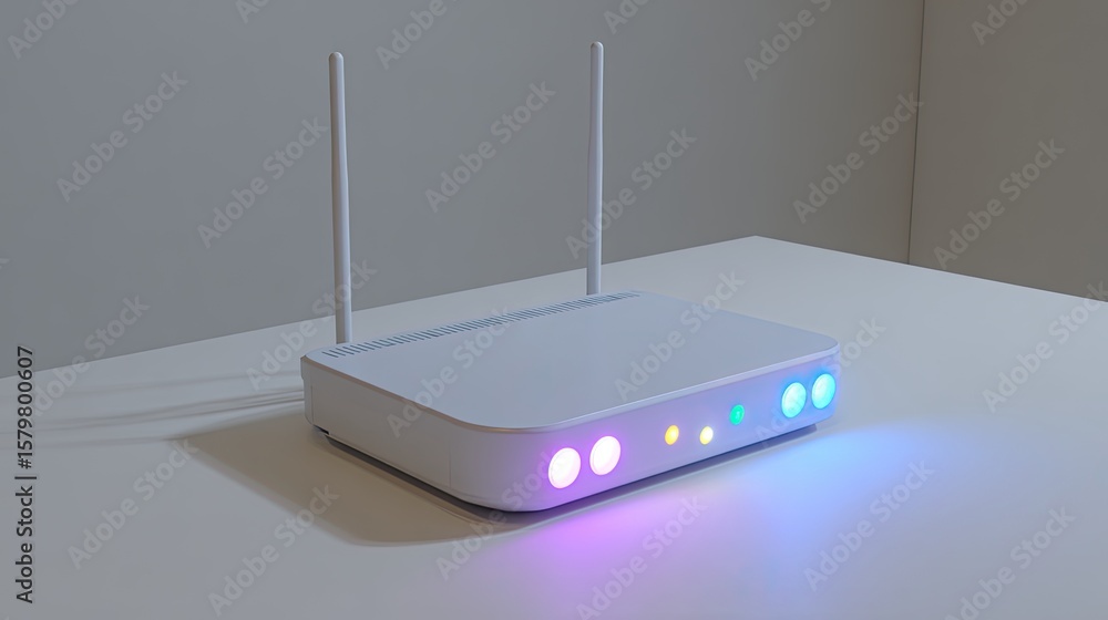 Poster modern wireless router with colorful led indicators for home networking and internet connectivity se