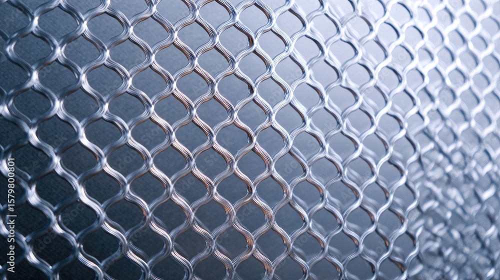 Poster close-up image of an industrial mesh pattern with a metallic appearance in silver shade and reflecti