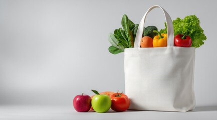 A white tote bag filled with various fresh produce sits on a light gray surface, alongside three apples and a tomato.  The composition emphasizes healthy eating and sustainable shopping
