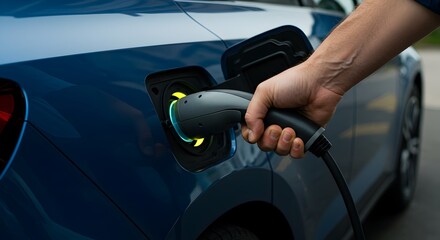 Electric Vehicle Charging with a Hand Connecting Charging Plug at a Modern Urban Charging Station
