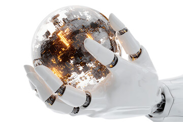 Robot hand holding glowing Earth globe.