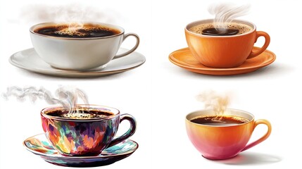 Four steaming cups of coffee in colorful cups against a white background