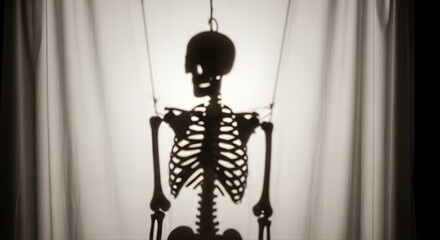 Distorted silhouette of a skeleton hanging behind a sheer curtain, backlit for maximum shadow drama. The minimalist and eerie setting offers a chilling but artistic concept perfect for Halloween.