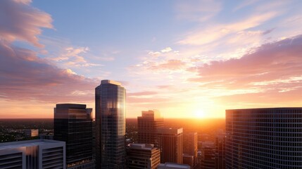 Obraz premium Stunning Cityscape at Sunset with Vibrant Colors and Skyscrapers Against a Serene Sky