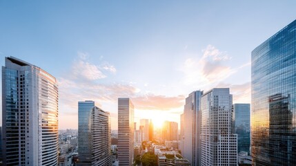 Fototapeta premium Stunning Urban Skyline at Sunset with Bright Sunlight Over Modern Skyscrapers and Cityscape in Background