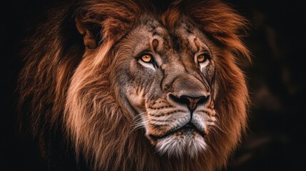 Naklejka premium Close-up portrait of a lion's face with long flowing African male lion headshot looking into
