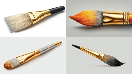 Four art brushes showcase varying brushstroke effects on a gradient background, gold ferrules gleam