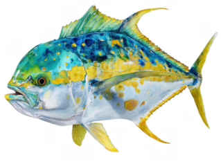 Detailed watercolor illustration of a colorful mahi mahi fish with vibrant blues, yellows, and greens on a clean white background, showcasing aquatic art.