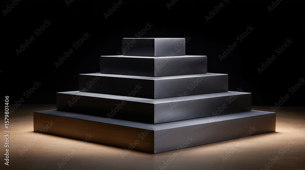 Poster minimalist black pyramid structure on illuminated floor against a dark background showcasing modern 