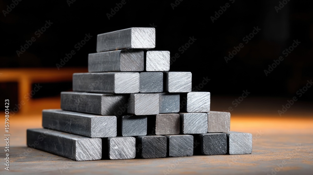 Poster close-up view of stacked steel blocks in an industrial setting under soft light on a wooden backgrou