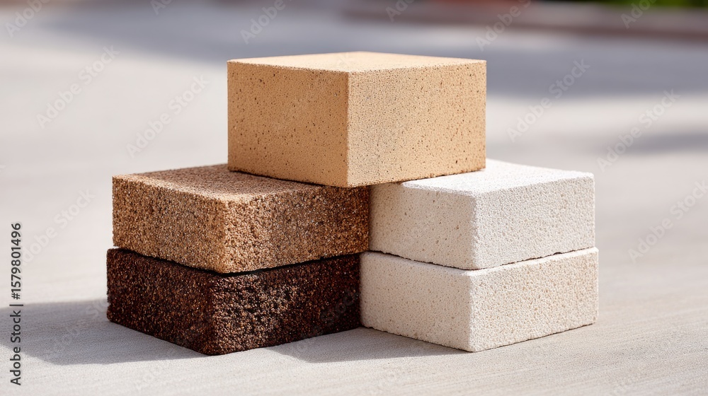 Poster aesthetic close-up of four textured and colored building blocks arranged neatly on a smooth surface