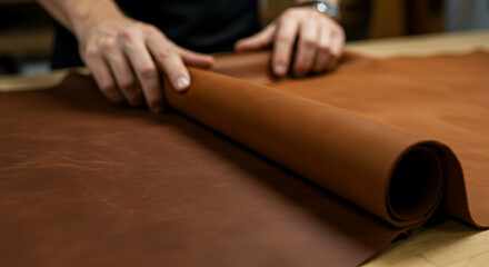 Obraz premium Hands Rolling Up A Piece Of Fine Brown Leather In Artisan Workshop For Crafting Quality Handcrafted Products