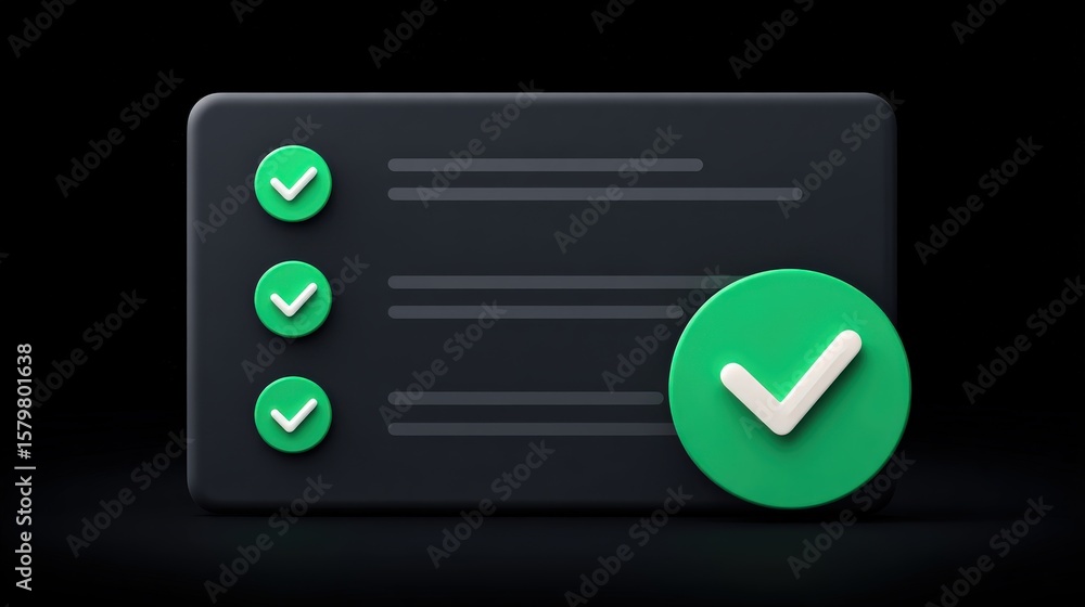 Poster a dark-themed checklist with three green checkmarks on the left and one large green checkmark on the