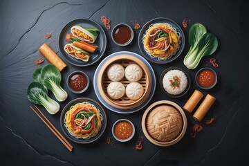 Delicious assortment of asian cuisine noodles dumplings rice and spring rolls on dark background