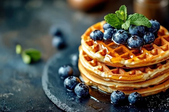 Delicious golden waffles with blueberries and honey on slate plate, Stack of topped fresh - Powered by Adobe