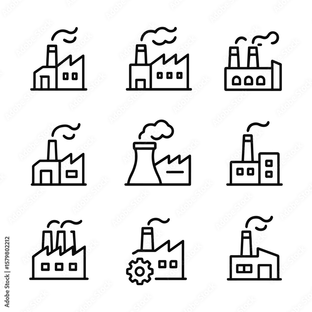 Poster factory icons collection vector set. outline symbols. line design