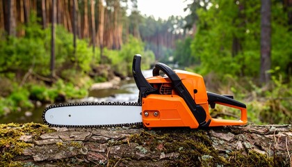 Close-up of a chainsaw resting atop a freshly cut tree trunk, near a small river and surrounded by trees - evoking forestry, logging, and rustic outdoor work