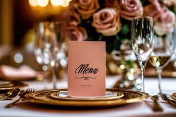 Elegant Table Setting for Formal Event with White Tablecloth, Gold menu displayed