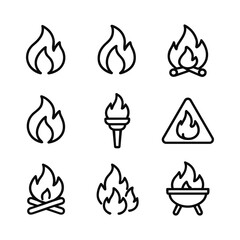 Fire hazard icons vector collection. Outline symbols. Line design