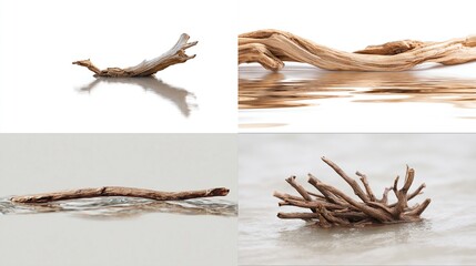 Four diverse close-up compositions showing different pieces of aged wood, artfully placed on surfaces