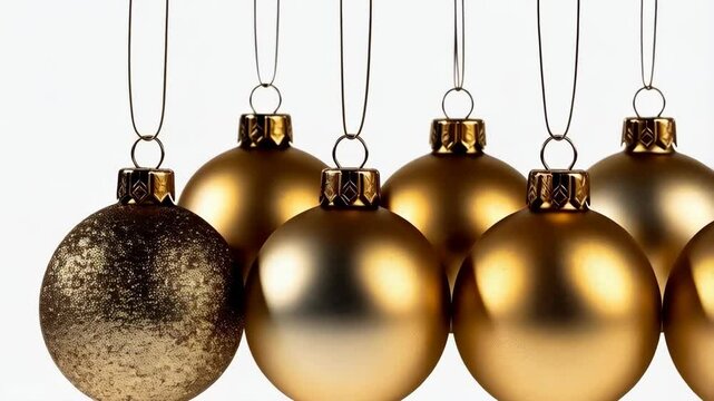 Close-up of seven golden Christmas ornaments hanging against a white background. Round holiday baubles with a glossy, matte, and speckled finish.