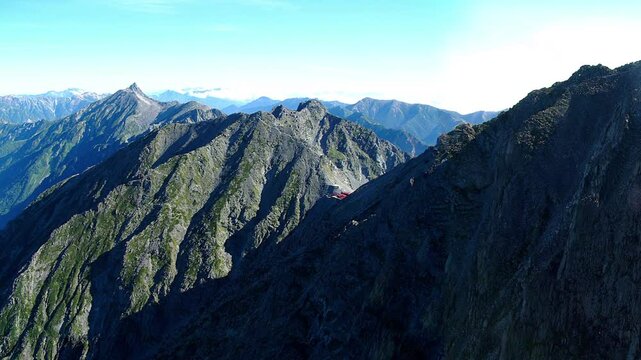 The whole landscape of Yari-Hotaka traverse route from gendarme cliffs in mid-summer Kamikochi / ジャンダルムから眺める奥穂高岳山頂，槍穂高縦走路の大パノラマビュー(盛夏の上高地登山)