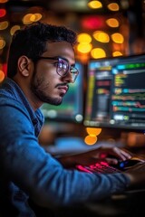 Focused young man at desk with computers displaying colorful charts Indian programmer is working late