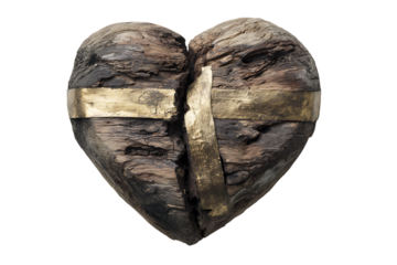 Symbolic art of a broken heart mended with gold.