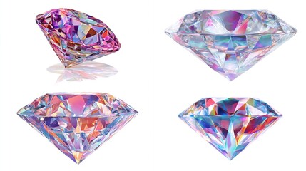 Four shimmering, multifaceted diamonds showcase iridescent light dispersion