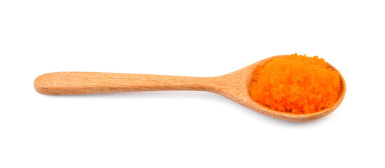 Shrimp egg on spoon isolated on white background