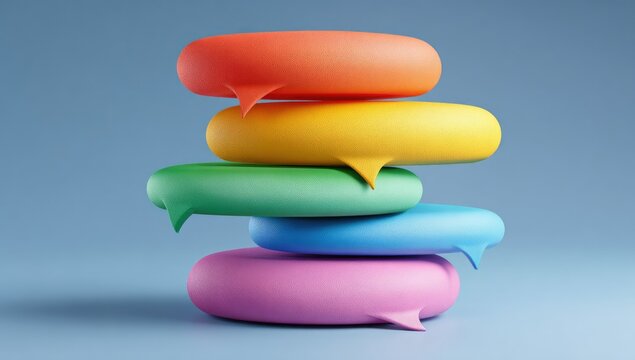 A stack of five colorful, 3D speech bubbles, each a different vibrant hue, rests on a light blue background.  The bubbles are slightly glossy and appear to be made of a smooth material