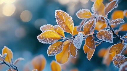 Fototapeta premium Frost-kissed orange leaves on branch, creating serene contrast with blurred Frozen red glowing in morning