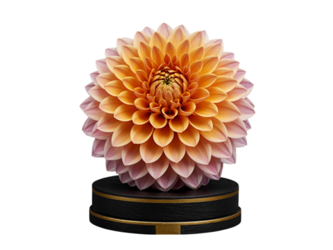 Beautiful orange and pink dahlia flower displayed on a black pedestal with gold accents isolated on transparent background