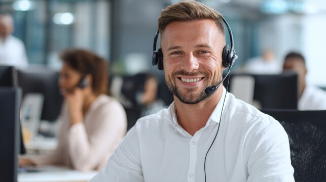 Smiling call center agent wearing a headset, providing customer service in a modern office environment.