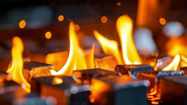 Close-up of gray metal cubes heating with flickering orange flames on a dark grill rack creating hot bokeh lights in the background.