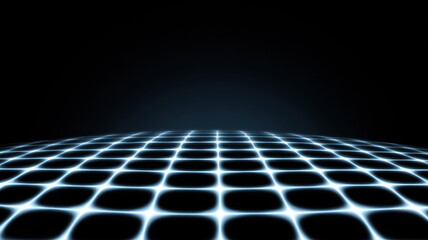 Glowing blue grid with curved edges on dark background, creating futuristic and dynamic digital wave effect