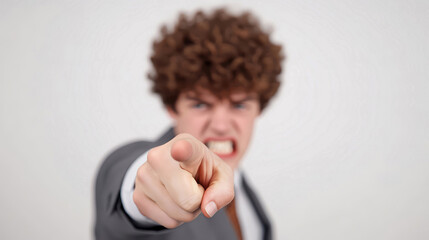 A young man with curly hair points directly at the camera, his facial expression angry and intense, conveying confrontation or accusation