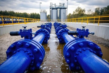 Industrial Scene with Blue Pipes, Valves, and Building Against Cloudy Large water pipes supplying