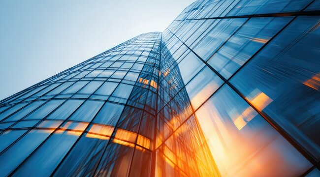 Low-angle shot of a modern glass skyscraper reflecting warm sunset hues against a clear blue sky