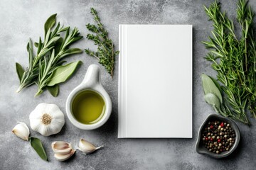 Minimalistic flat lay of herbs and spices on gray surface Blank white book cover mock-up