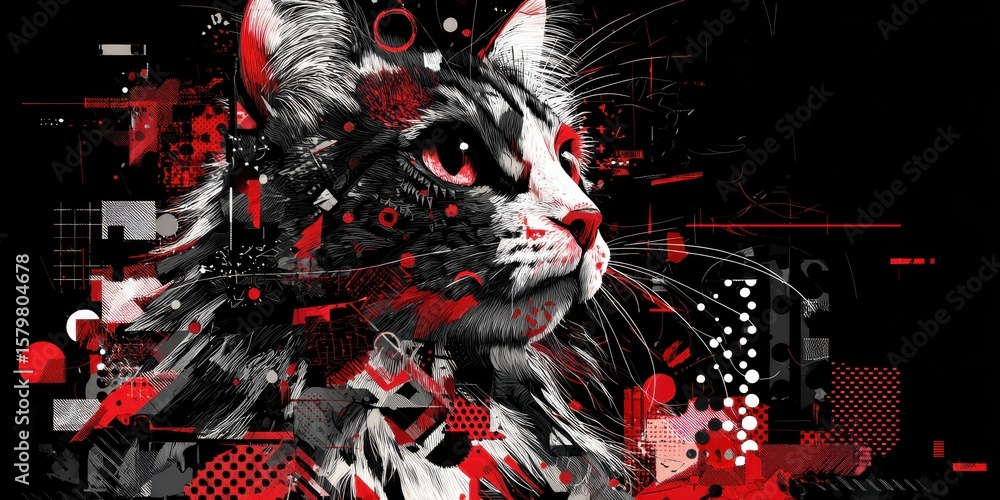 Poster artistic illustration of a cat with abstract patterns and bold colors in a striking, modern design.