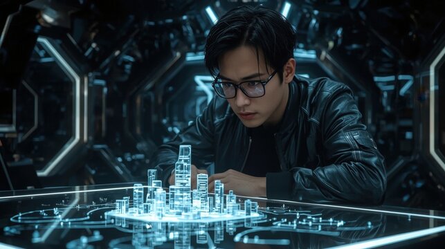 Asian Engineer Working with Futuristic Holographic City Model and Blue Light Interface