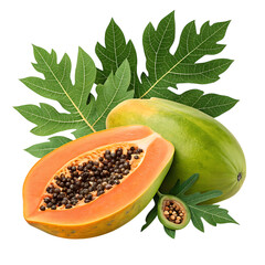 Fresh ripe papaya fruit halved with whole papaya and green leaves isolated on transparent background