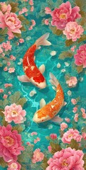 Two koi fish swim amidst vibrant floral patterns in a serene, colorful aquatic scene.
